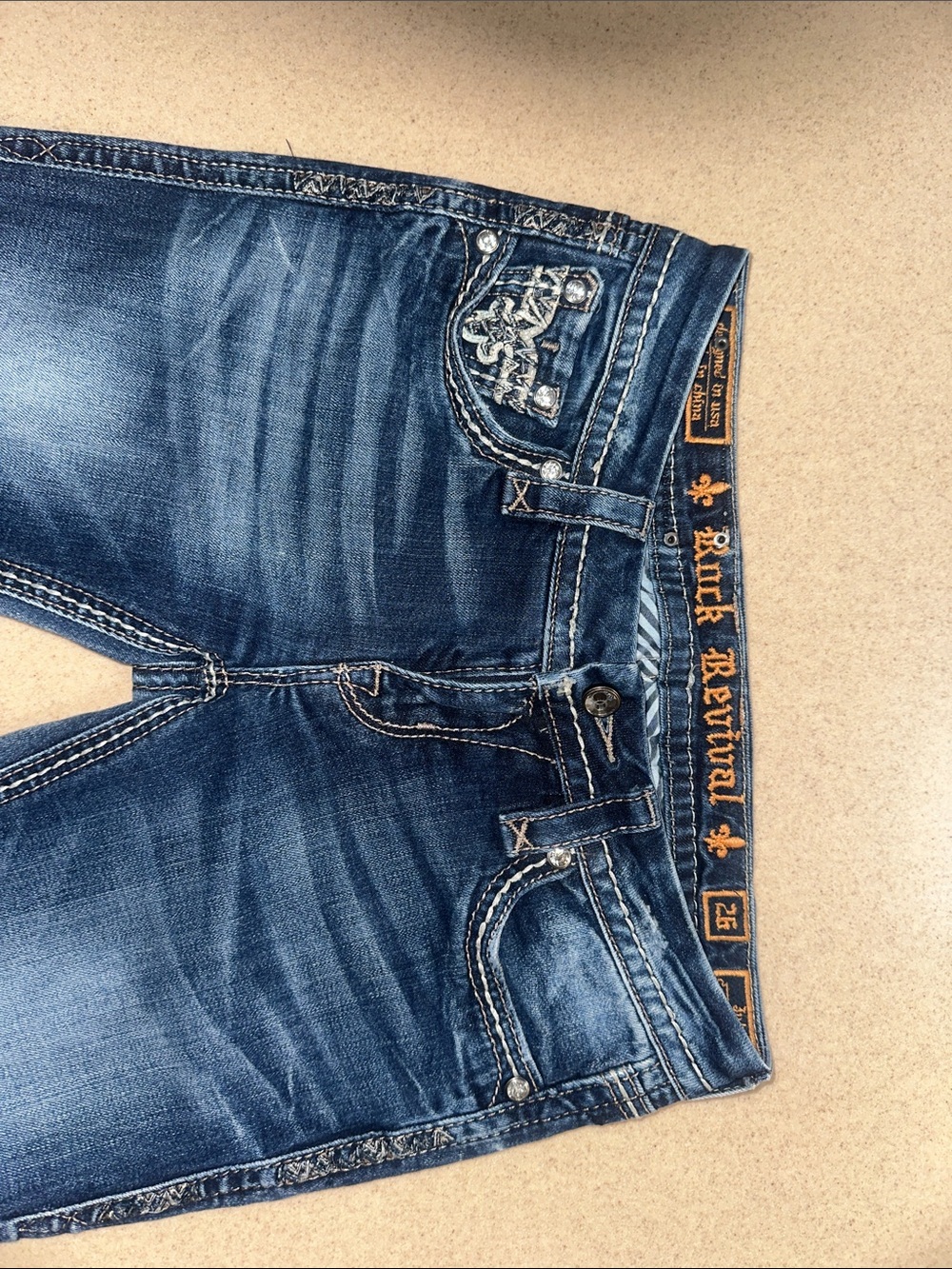 Rock Revival Distressed Medium Blue Embroidered Pocket Cuffed- Skinny Jeans - Picture 7 of 11